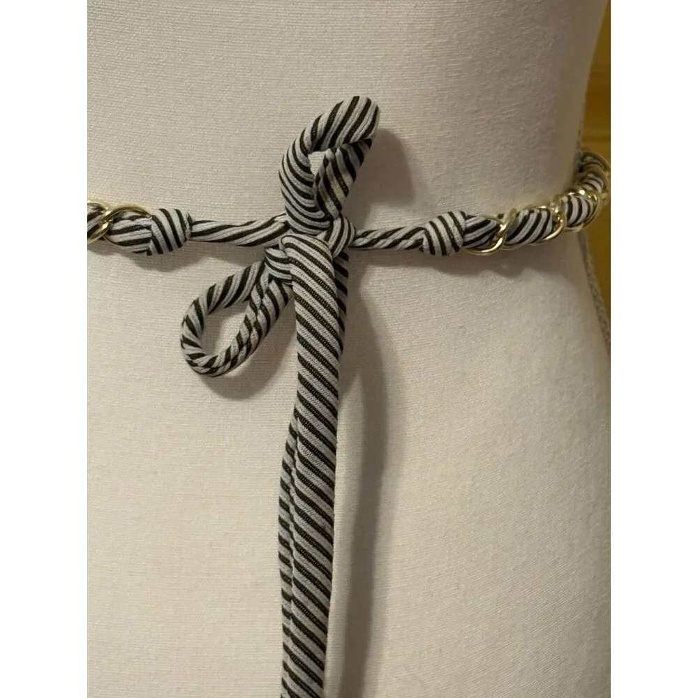 Brown Beige Stripes Round Braided Gold‎ Chain Rope Strap Belt Women Glam Rock